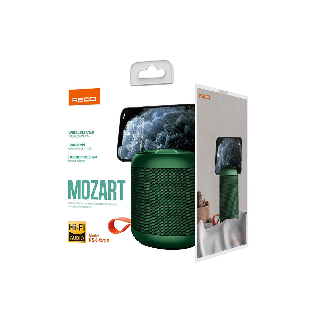 Recci RSK-W09 Mozart Serisi Hi-Fi Askılı Telefon Tutuculu Wireless Bluetooth 5.0 Speaker Hoparlör 1200mAh Koyu Yeşil