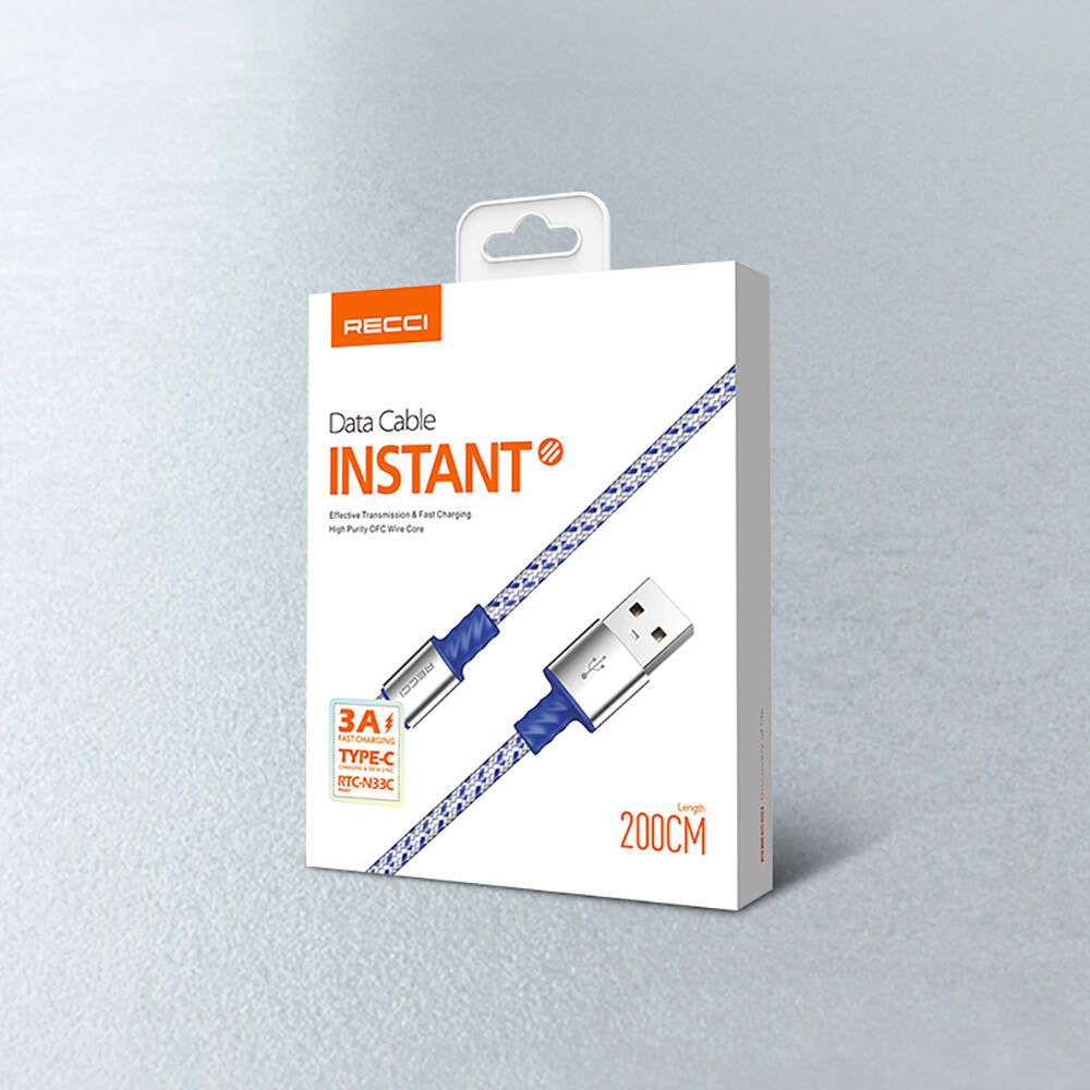 Recci RTC-N33C Instant Serisi USB-A to Type-C 3A Hızlı Şarj Özellikli Şarj ve Data Kablosu 2M Gümüş