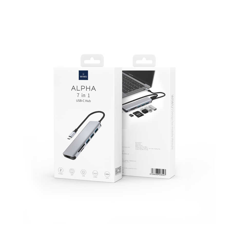 Wiwu Alpha A731HC 7 in 1 Type-C Hub 100W Şarj Destekli SD Kart-Hdmi-Usb Çoğaltıcı Gri