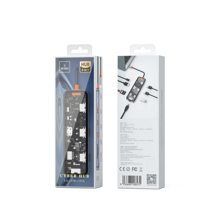 Wiwu CB008 Cyber 8 in 1 Type-C Hub 100W Şarj Destekli Şeffaf Görünümlü SD Kart-RJ45-Hdmi-Usb Çoğaltıcı Gri