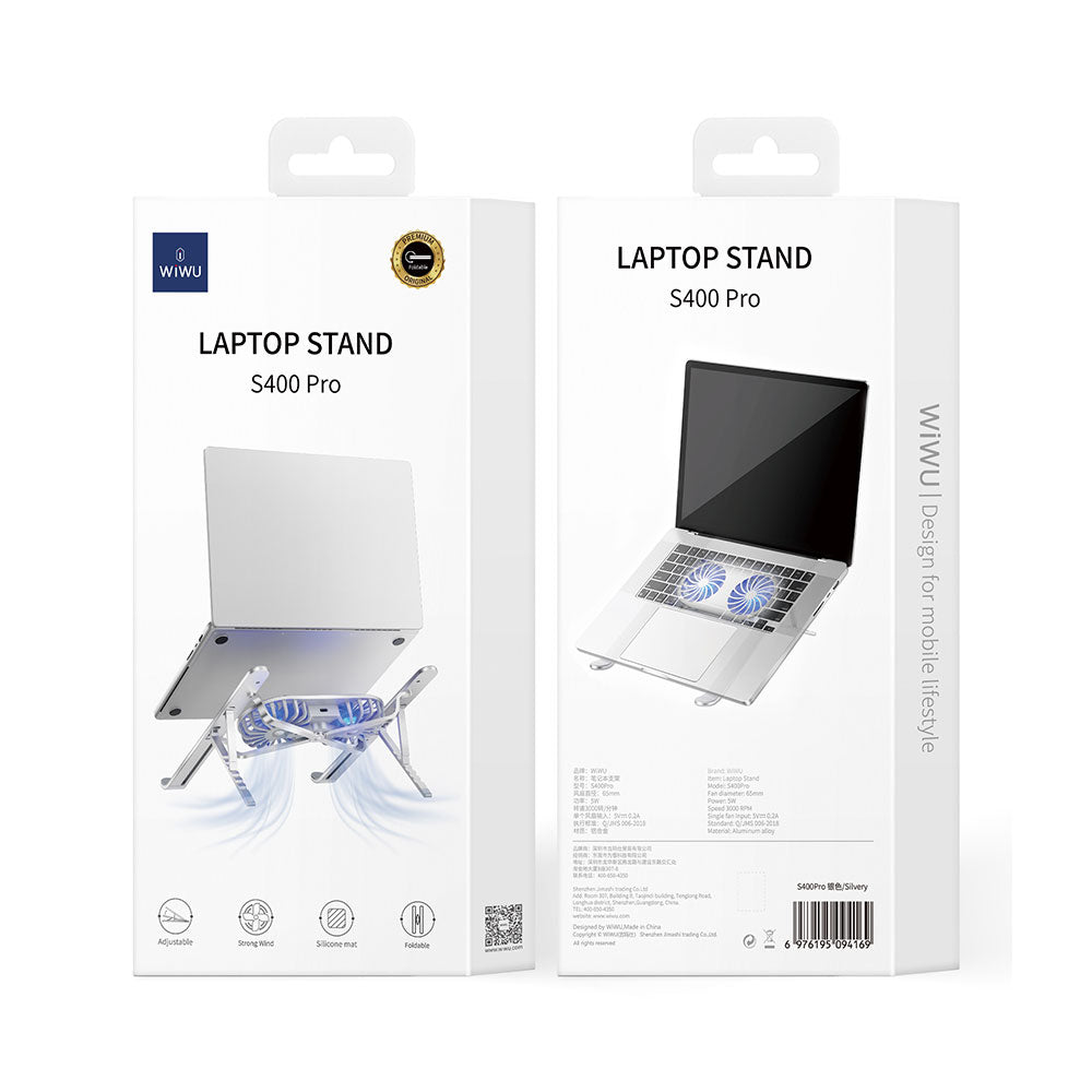Wiwu S400 Pro Çift Fanlı Işıklı Katlanabilir Ayarlanabilir Laptop Standı 5W 3000RPM Gümüş