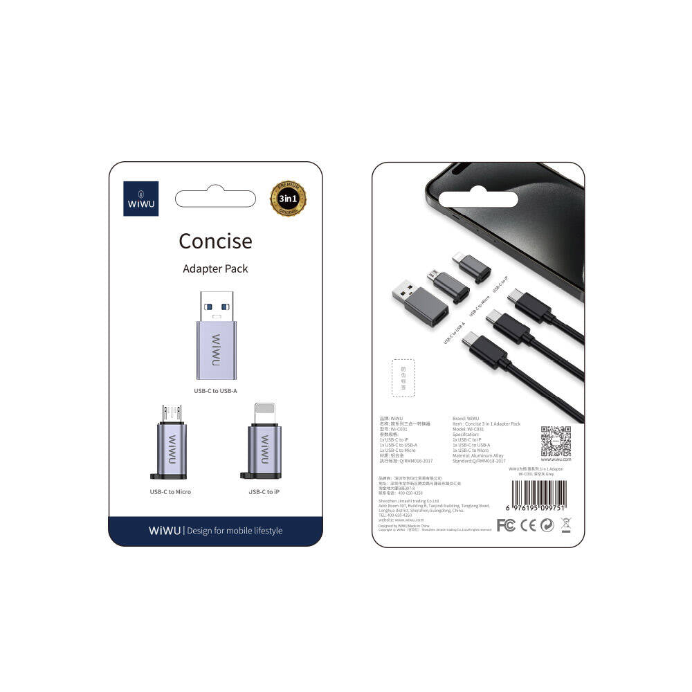 Wiwu Wi-C031 Concise Serisi 3in1 Type-C to USB-A/Micro Usb/Lightning Adaptör Paketi Gri