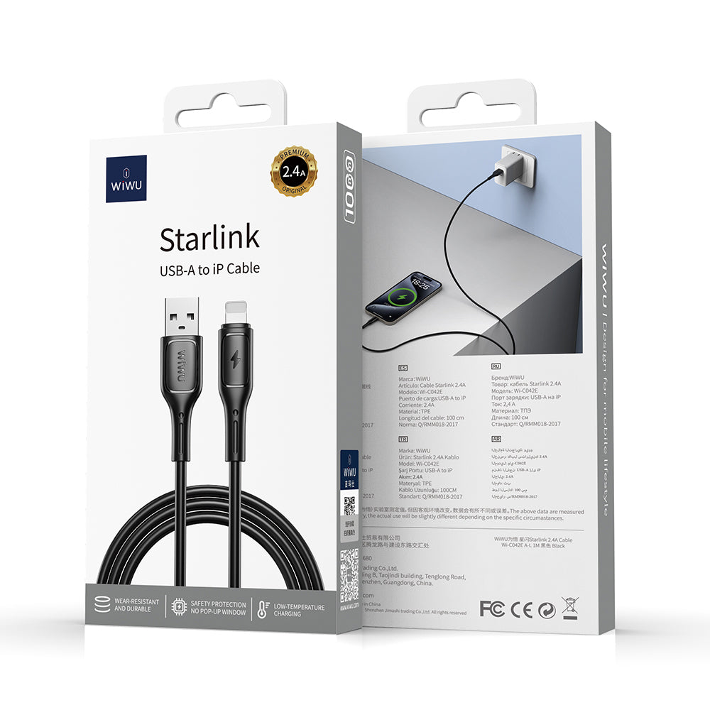 Wiwu Wi-C042E Starlink Serisi USB-A to Lightning Hızlı Şarj Özellikli Data ve Şarj Kablosu 2.4A 1M Siyah