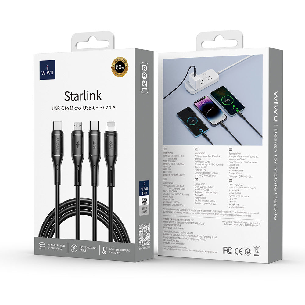 Wiwu Wi-C046E Starlink Serisi 3in1 USB-C to Lightning – Type-C – Micro Şarj ve Data Kablosu 60W 1.2M Siyah