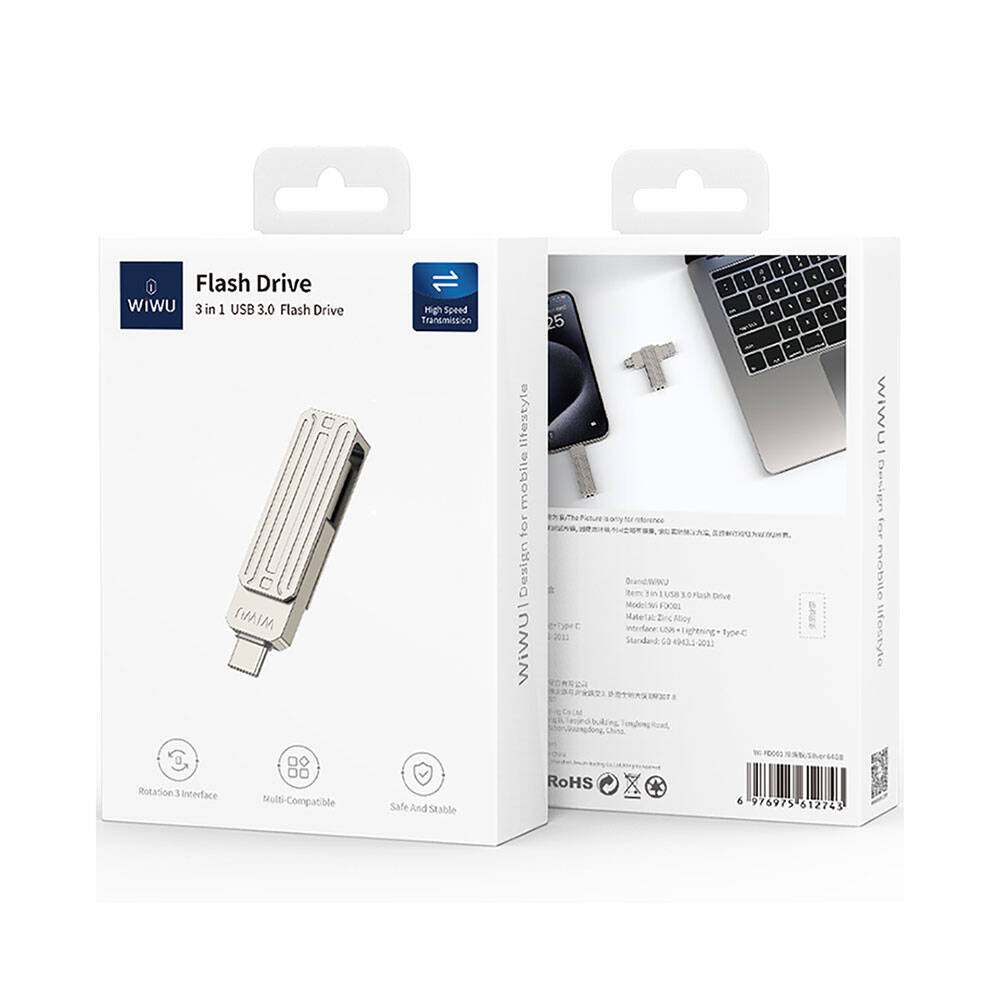 Wiwu Wi-FD001 3in1 USB3.2 Sürücü Disk USB-A + Lightning + Type-C OTG 64 GB Gümüş