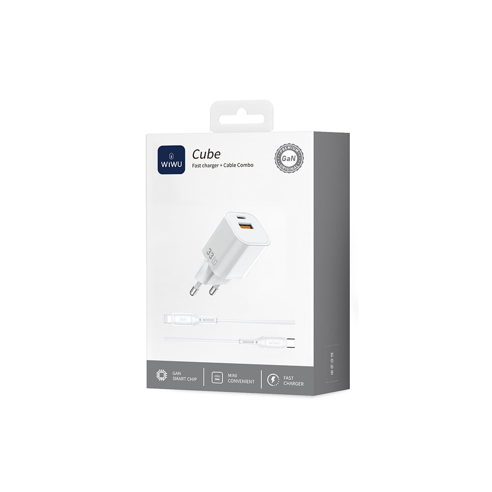 Wiwu Wi-G018 Cube Serisi Type-C to Lightning GaN Tech PD Hızlı Şarj Özellikli Kablolu Şarj Seti 33W Beyaz