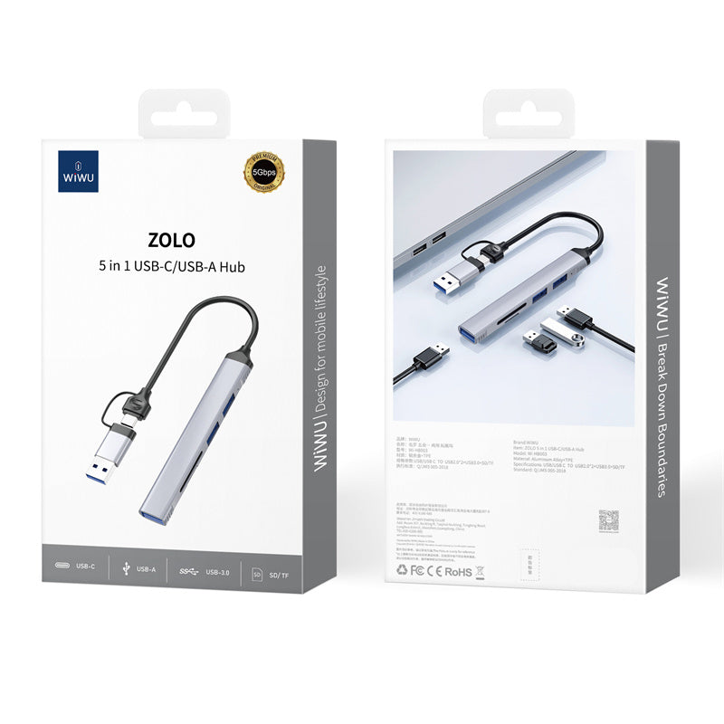 Wiwu Wi-HB003 Zolo Serisi USB3.0 + USB2.0 + SD/TF Bağlantılı Type-C USB-A 5in1 Hub Gri