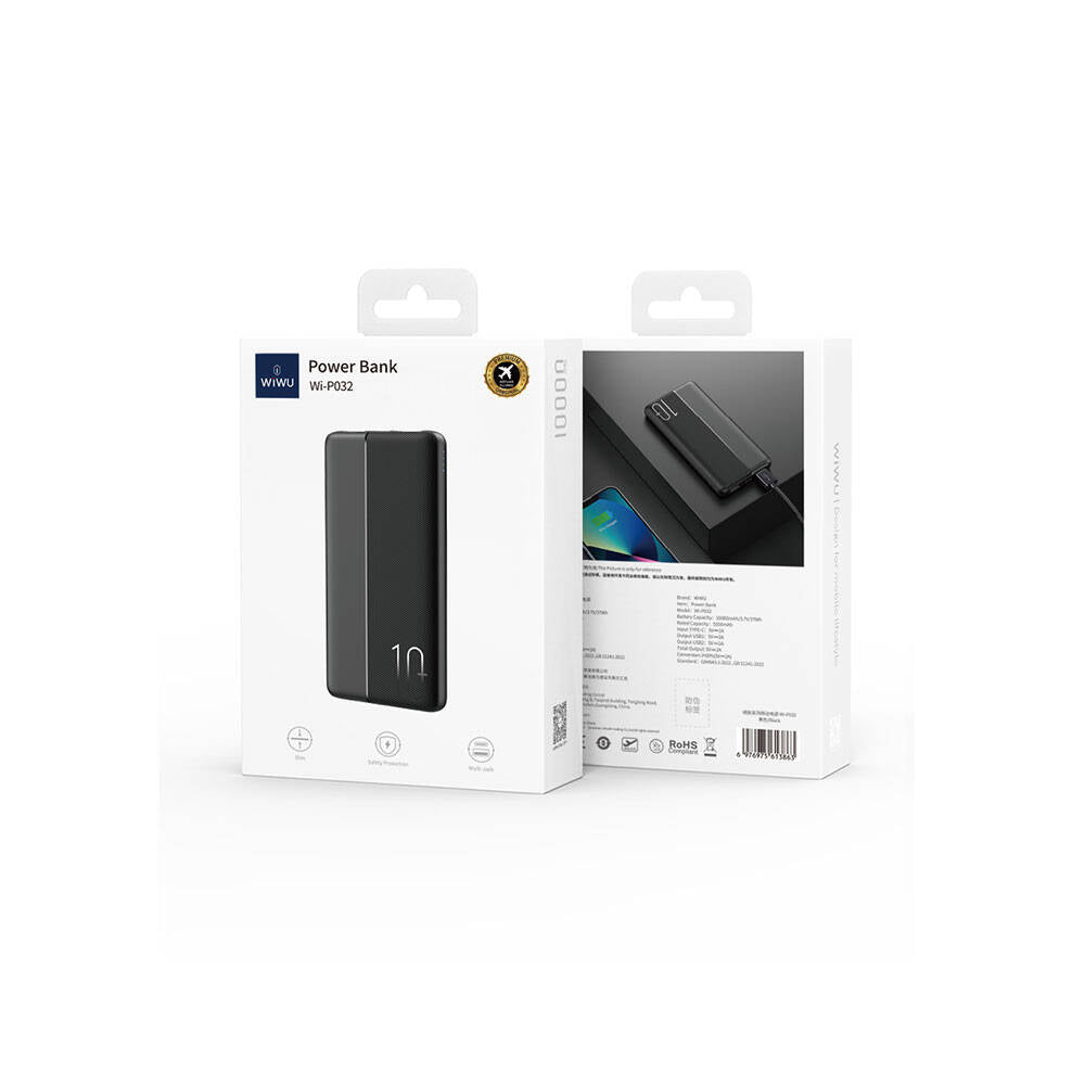 Wiwu Wi-P032 Dual USB-A ve Type-C PD LED Işık Göstergeli Taşınabilir Powerbank 10000mAh Siyah