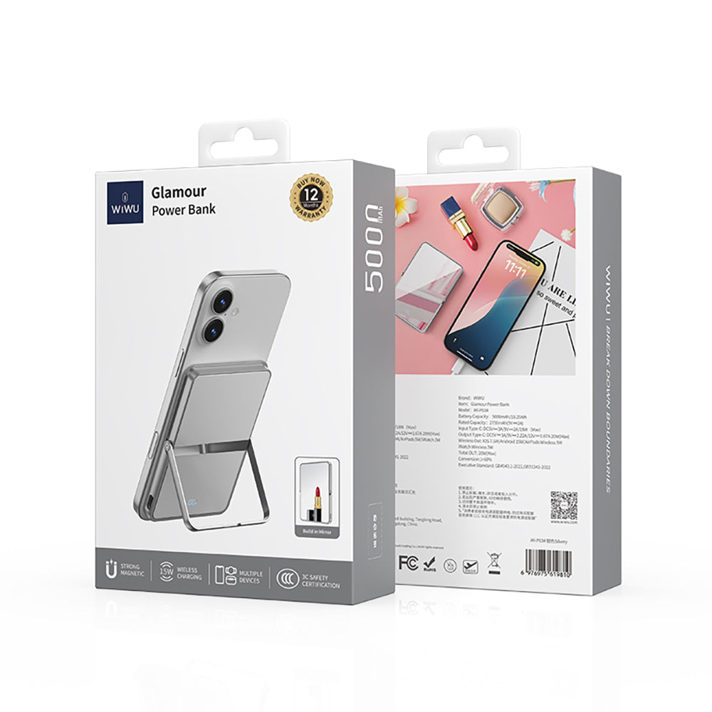 Wiwu Wi-P034 Dijital LED Göstergeli Standlı Kablosuz Powerbank 5000mAh 15W Gümüş