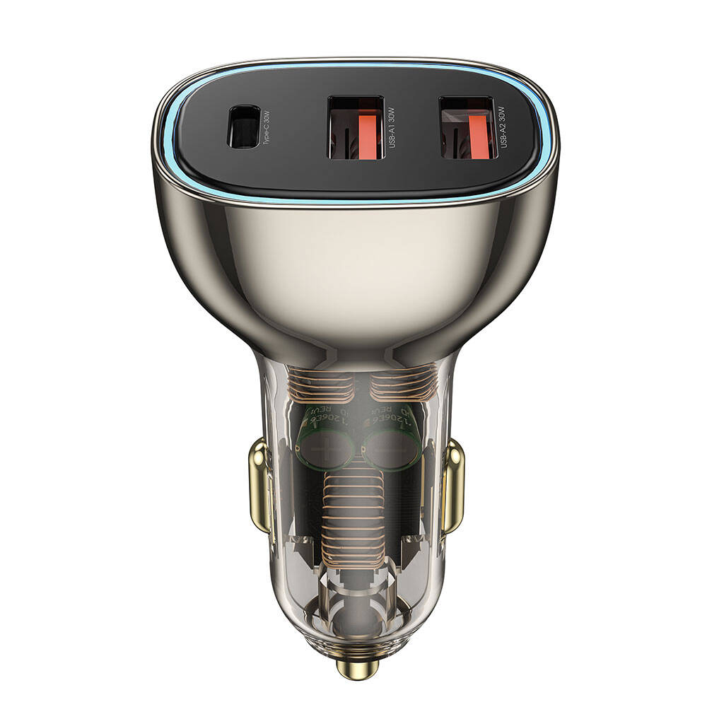 Wiwu Wi-QC013 Geek Serisi Type-C + Dual USB-A Hızlı Şarj Özellikli Transparan Tasarımlı Araç Şarj Aleti 90W Siyah