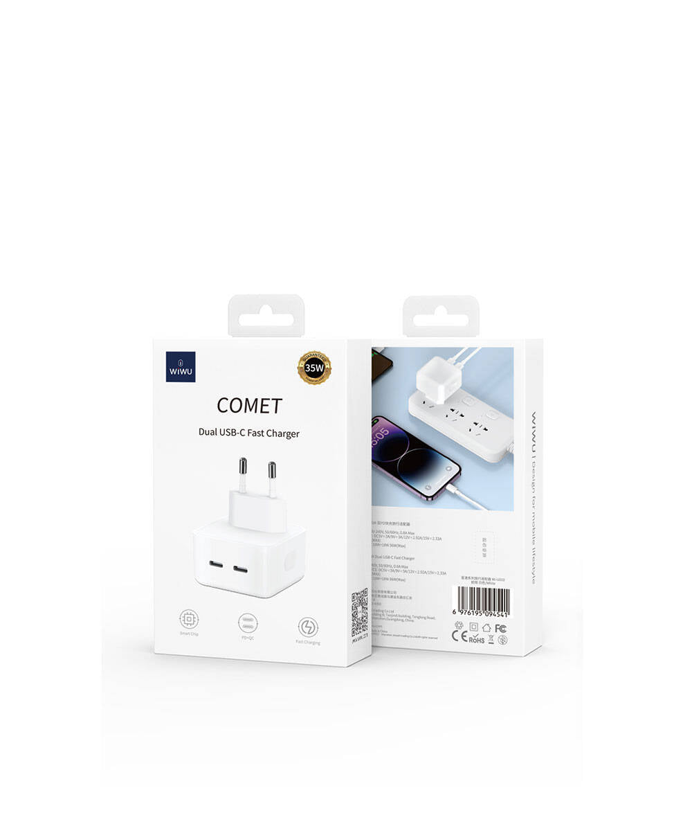 Wiwu Wi-U010 Comet Serisi Dual Type-C Hızlı Şarj Özellikli Seyahat Şarj Başlığı 35W Beyaz