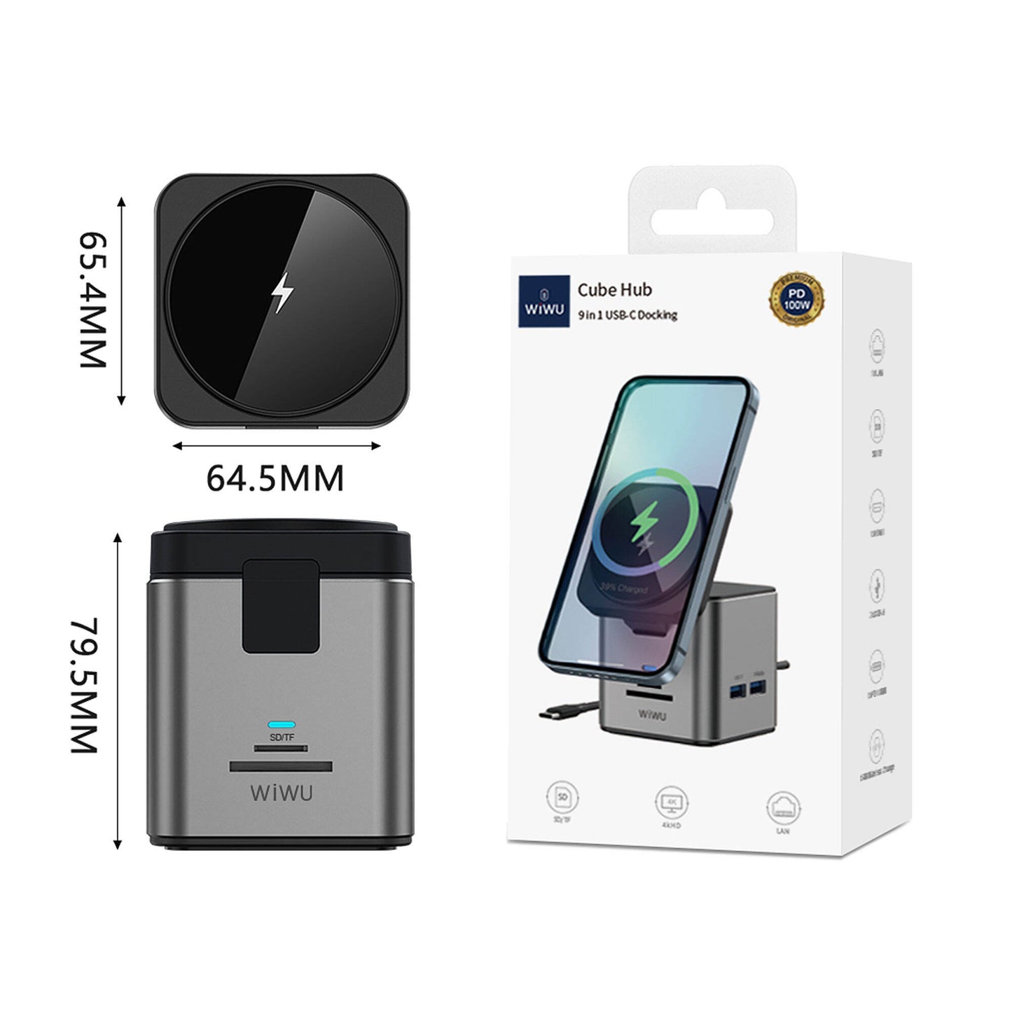 Wiwu Wi-W025 9in1 M-safe Şarj Özellikli Type-C Hub PD 100W USB 3.0 SD/TF HDMI RJ45 Gri