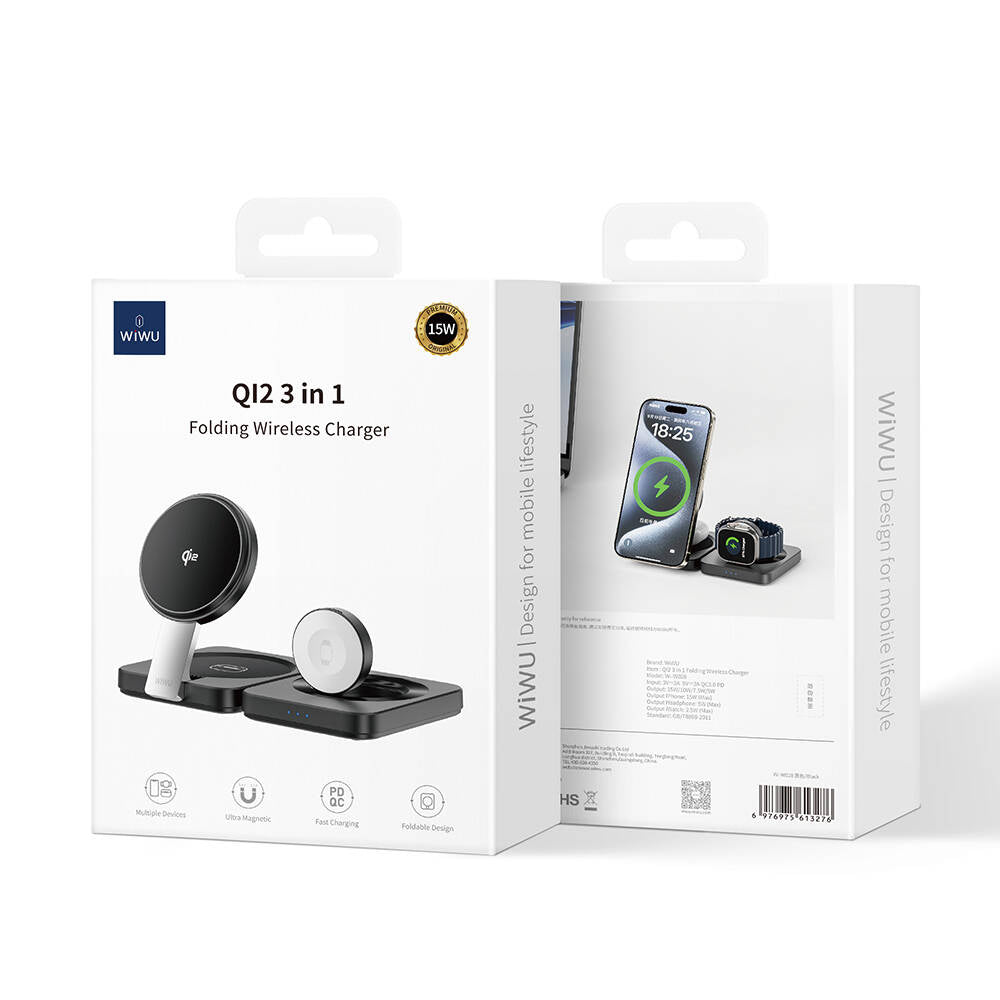 Wiwu Wi-W028 Qi2 Şarj Teknolojili Katlanabilir LED Işık Göstergeli 3in1 Kablosuz Şarj Standı Siyah