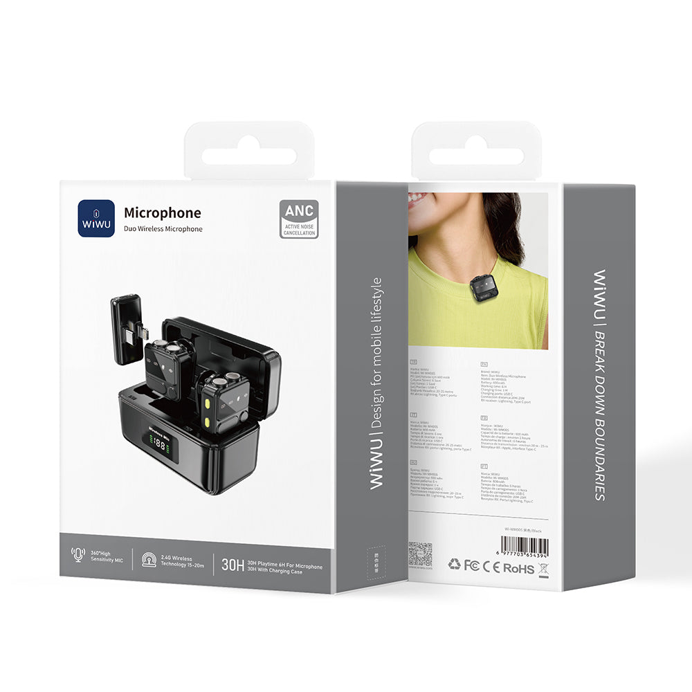 Wiwu Wi-WM005 2in1 Type-C ve Lightning Portlu ANC Özellikli Kablosuz Yaka Mikrofonu Siyah