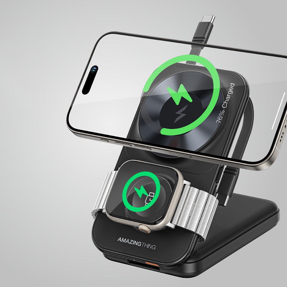 Amazingthing Thunder Pro Mag 6in1 PD22.5W Katlanabilir Standlı Kablosuz Powerbank 8000mAh Siyah
