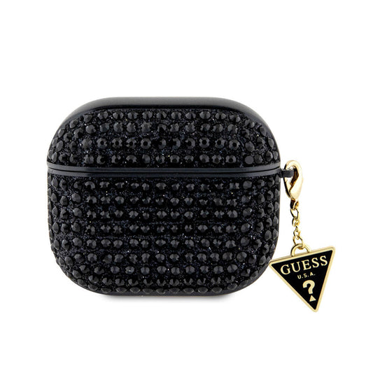 Apple Airpods 3. Nesil Kılıf Guess Orjinal Lisanslı Parıltılı Taş Kaplamalı Üçgen Logo Süs Zincirli Kapak Siyah