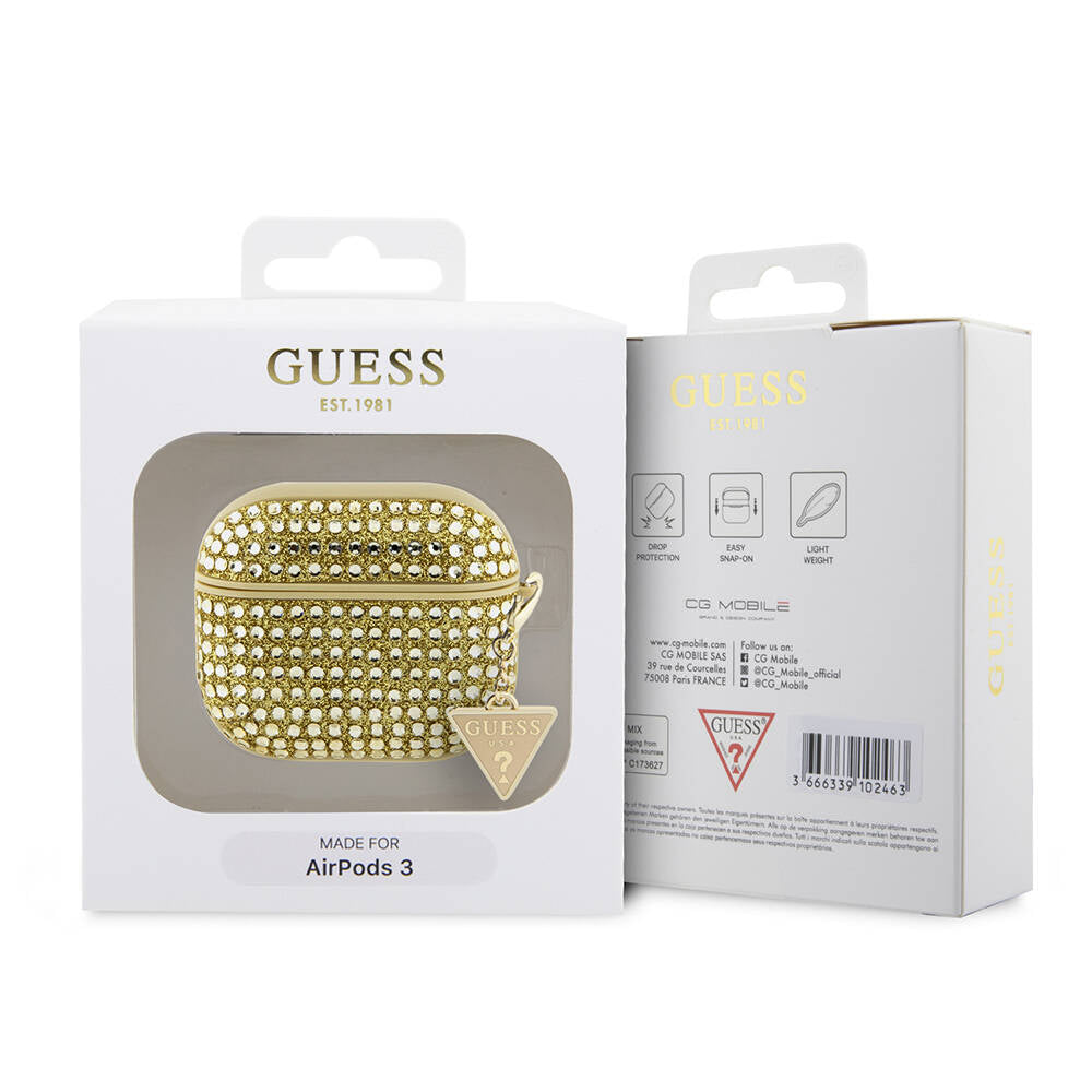 Apple Airpods 3. Nesil Kılıf Guess Orjinal Lisanslı Parıltılı Taş Kaplamalı Üçgen Logo Süs Zincirli Kapak Pembe