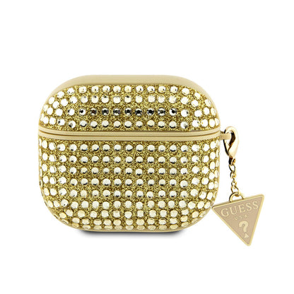 Apple Airpods 3. Nesil Kılıf Guess Orjinal Lisanslı Parıltılı Taş Kaplamalı Üçgen Logo Süs Zincirli Kapak Gold