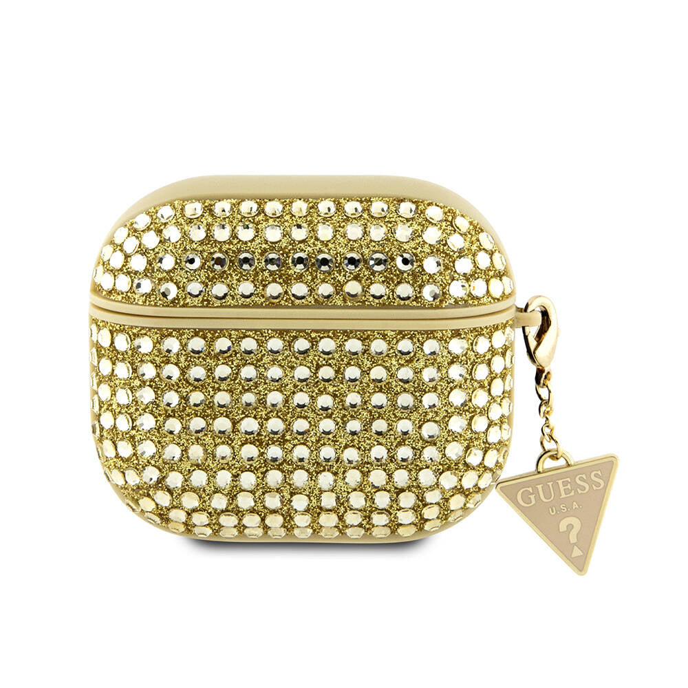 Apple Airpods 3. Nesil Kılıf Guess Orjinal Lisanslı Parıltılı Taş Kaplamalı Üçgen Logo Süs Zincirli Kapak Pembe