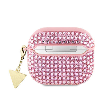 Apple Airpods 3. Nesil Kılıf Guess Orjinal Lisanslı Parıltılı Taş Kaplamalı Üçgen Logo Süs Zincirli Kapak Pembe