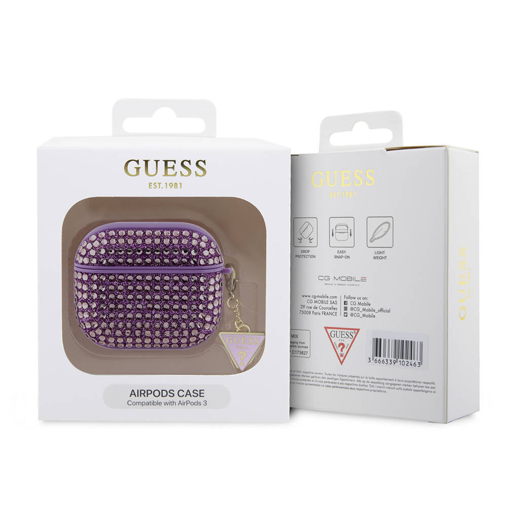 Apple Airpods 3. Nesil Kılıf Guess Orjinal Lisanslı Parıltılı Taş Kaplamalı Üçgen Logo Süs Zincirli Kapak Siyah
