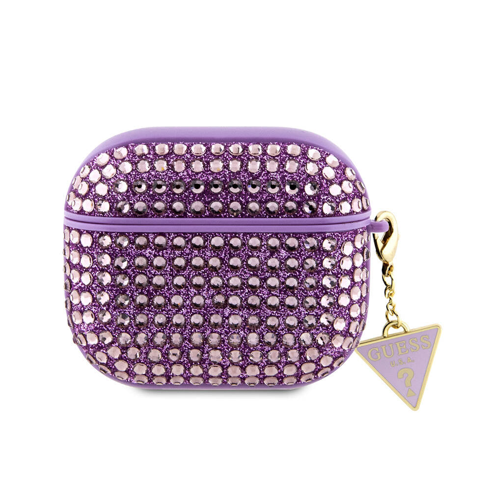 Apple Airpods 3. Nesil Kılıf Guess Orjinal Lisanslı Parıltılı Taş Kaplamalı Üçgen Logo Süs Zincirli Kapak Siyah