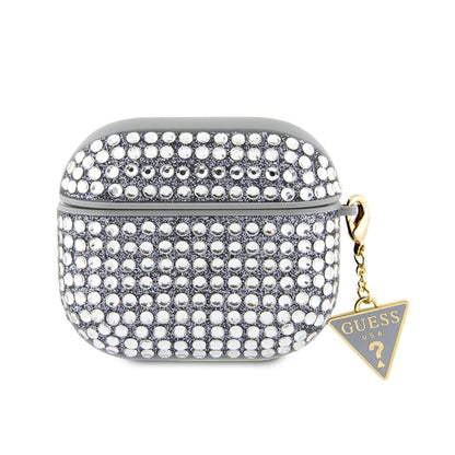 Apple Airpods 3. Nesil Kılıf Guess Orjinal Lisanslı Parıltılı Taş Kaplamalı Üçgen Logo Süs Zincirli Kapak Gümüş