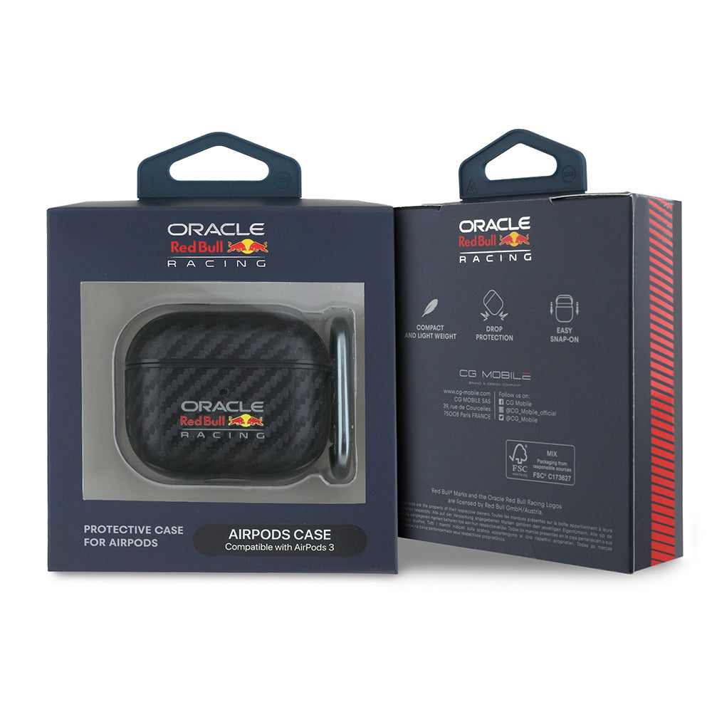 Apple Airpods 3. Nesil Kılıf Redbull Orjinal Lisanslı PU Karbon Fiber Tasarımlı Askı Aparatlı Kapak Siyah