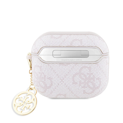 Apple Airpods 3.Nesil Kılıf Guess Orjinal Lisanslı 4G Desenli Metal Script Logolu 4G Charm PU Deri Kapak Pembe