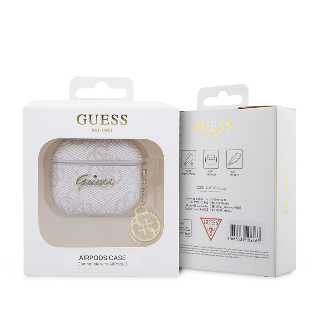 Apple Airpods 3.Nesil Kılıf Guess Orjinal Lisanslı 4G Desenli Metal Script Logolu 4G Charm PU Deri Kapak Pembe
