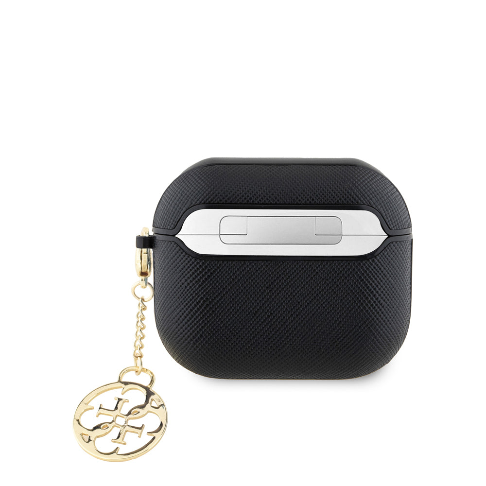 Apple Airpods 3.Nesil Kılıf Guess Orjinal Lisanslı Dokulu 4G Yuvarlak Charm Saffiano Kılıf Pembe