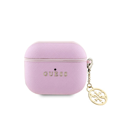 Apple Airpods 3.Nesil Kılıf Guess Orjinal Lisanslı Dokulu 4G Yuvarlak Charm Saffiano Kılıf Pembe