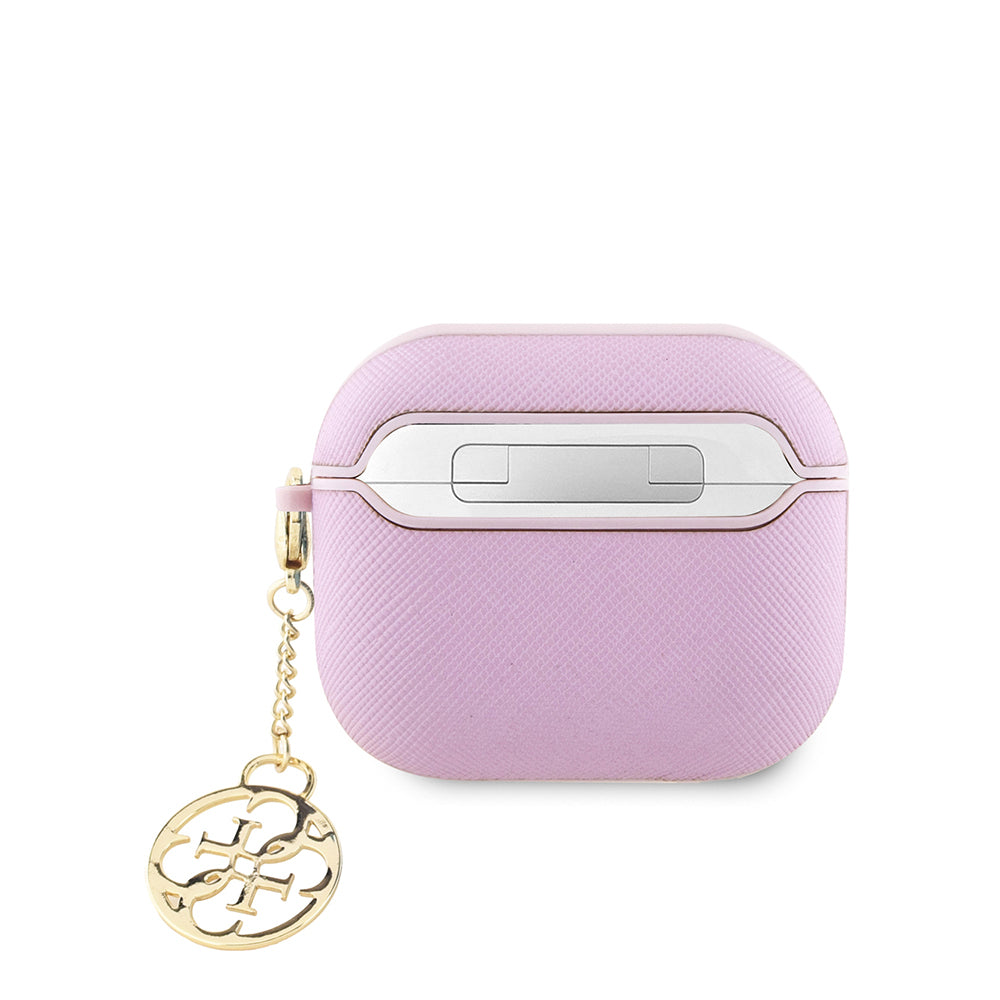 Apple Airpods 3.Nesil Kılıf Guess Orjinal Lisanslı Dokulu 4G Yuvarlak Charm Saffiano Kılıf Siyah