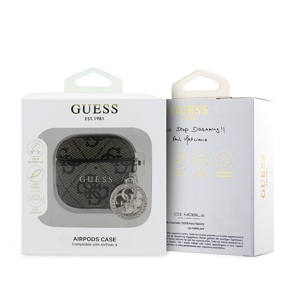 Apple Airpods 4 Kılıf Guess Orjinal Lisanslı 4G Desenli Taşlı 4G Süs Zincirli Kapak Kahverengi