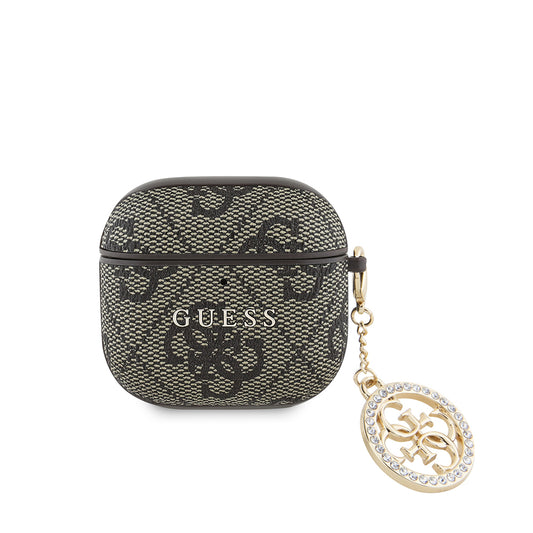 Apple Airpods 4 Kılıf Guess Orjinal Lisanslı 4G Desenli Taşlı 4G Süs Zincirli Kapak Kahverengi