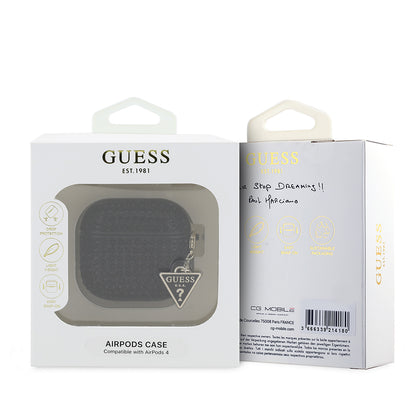 Apple Airpods 4 Kılıf Guess Orjinal Lisanslı Parıltılı Taş Kaplamalı Üçgen Logo Süs Zincirli Kapak Gold