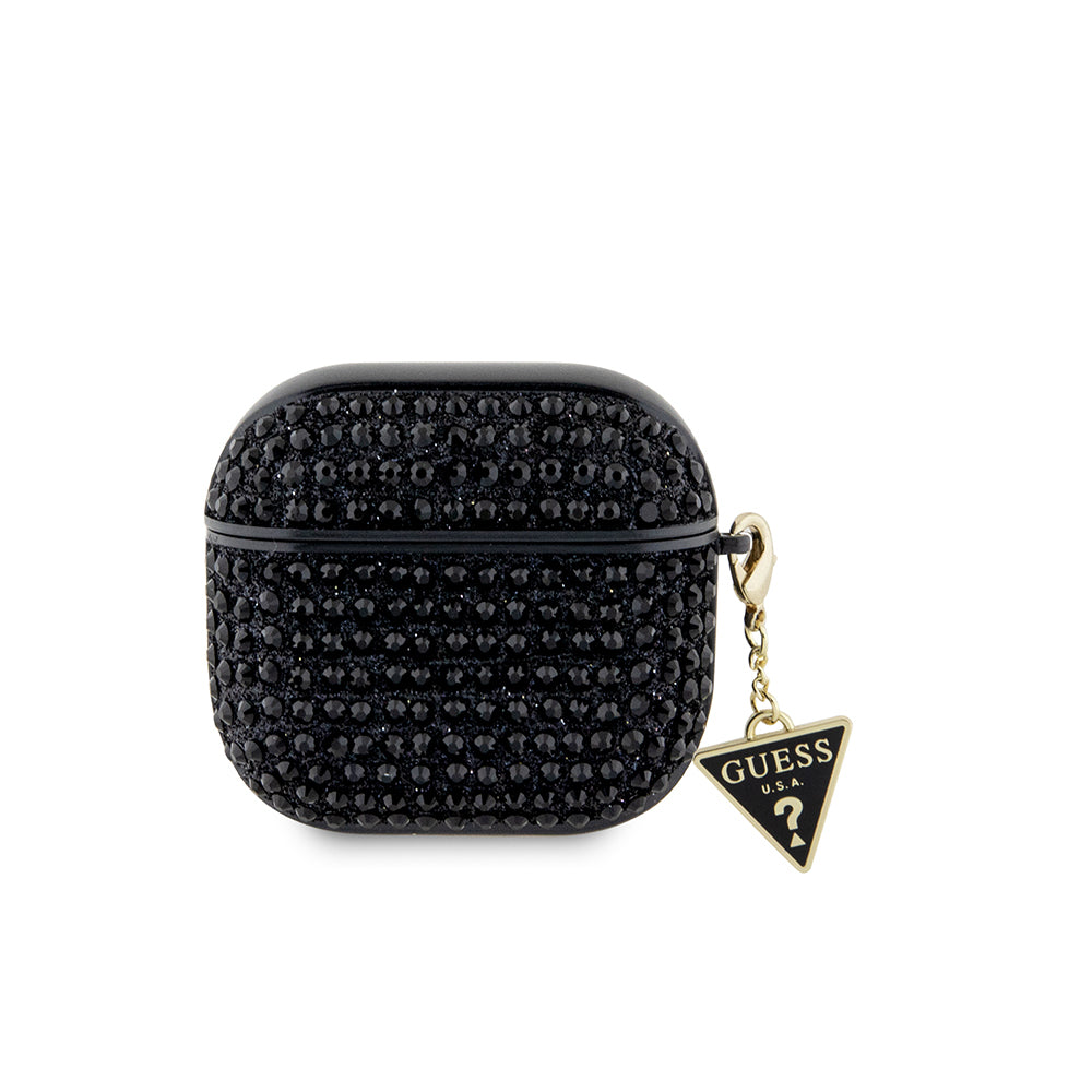 Apple Airpods 4 Kılıf Guess Orjinal Lisanslı Parıltılı Taş Kaplamalı Üçgen Logo Süs Zincirli Kapak Siyah