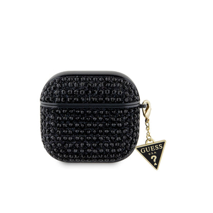 Apple Airpods 4 Kılıf Guess Orjinal Lisanslı Parıltılı Taş Kaplamalı Üçgen Logo Süs Zincirli Kapak Siyah