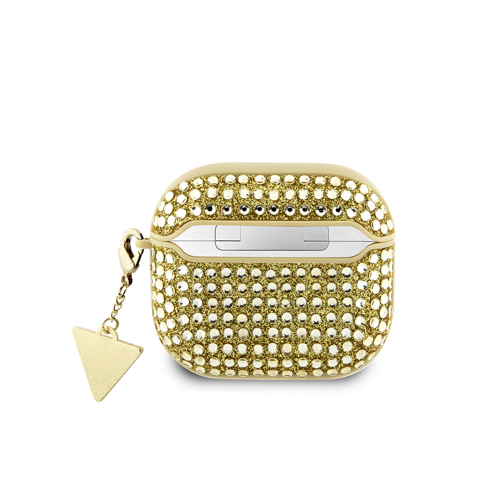 Apple Airpods 4 Kılıf Guess Orjinal Lisanslı Parıltılı Taş Kaplamalı Üçgen Logo Süs Zincirli Kapak Gold