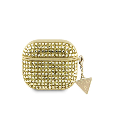 Apple Airpods 4 Kılıf Guess Orjinal Lisanslı Parıltılı Taş Kaplamalı Üçgen Logo Süs Zincirli Kapak Gold