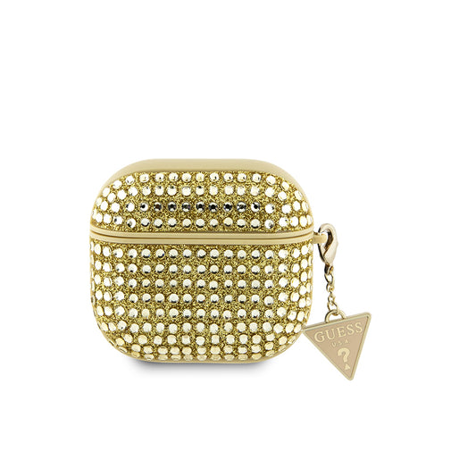 Apple Airpods 4 Kılıf Guess Orjinal Lisanslı Parıltılı Taş Kaplamalı Üçgen Logo Süs Zincirli Kapak Gold