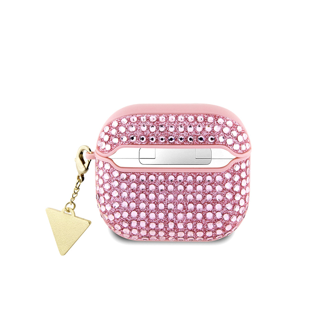 Apple Airpods 4 Kılıf Guess Orjinal Lisanslı Parıltılı Taş Kaplamalı Üçgen Logo Süs Zincirli Kapak Pembe