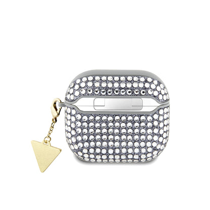 Apple Airpods 4 Kılıf Guess Orjinal Lisanslı Parıltılı Taş Kaplamalı Üçgen Logo Süs Zincirli Kapak Gold