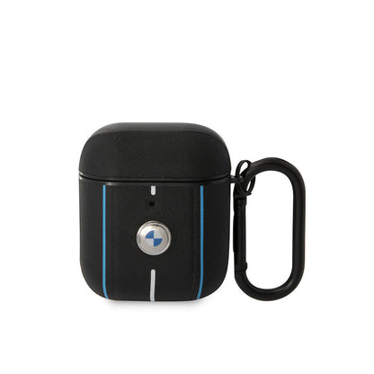 Apple Airpods Kılıf BMW Orjinal Lisanslı PU Deri Mavi Beyaz Çizgili Metal Logolu Kapak Siyah