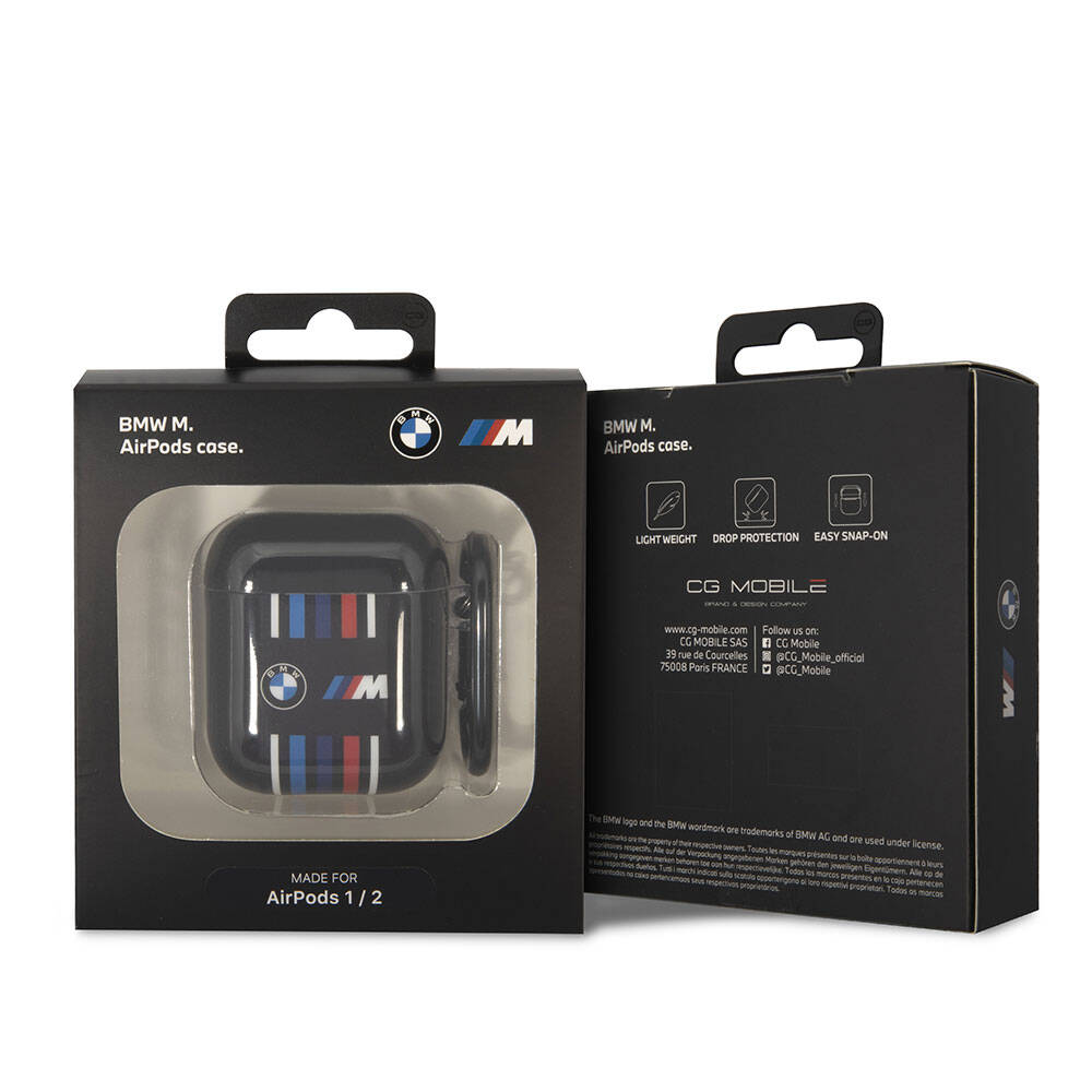 Apple Airpods Kılıf BMW Orjinal Lisanslı Çoklu Renkli Çizgili Çift IMD Baskı Logolu Kapak Siyah