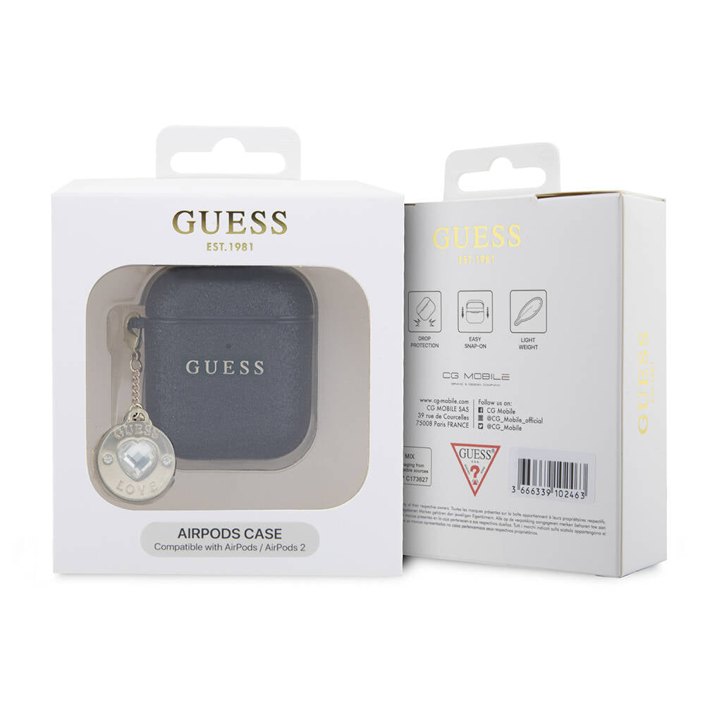 Apple Airpods Kılıf Guess Orjinal Lisanslı Glitter Elmas Kalp Süs Zincirli Kapak Siyah