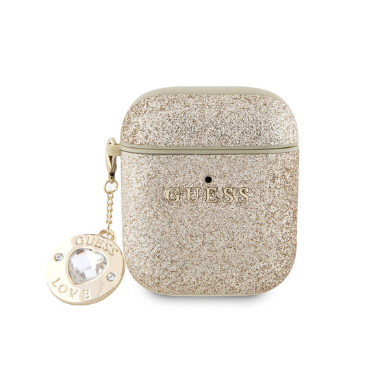 Apple Airpods Kılıf Guess Orjinal Lisanslı Glitter Elmas Kalp Süs Zincirli Kapak Gold