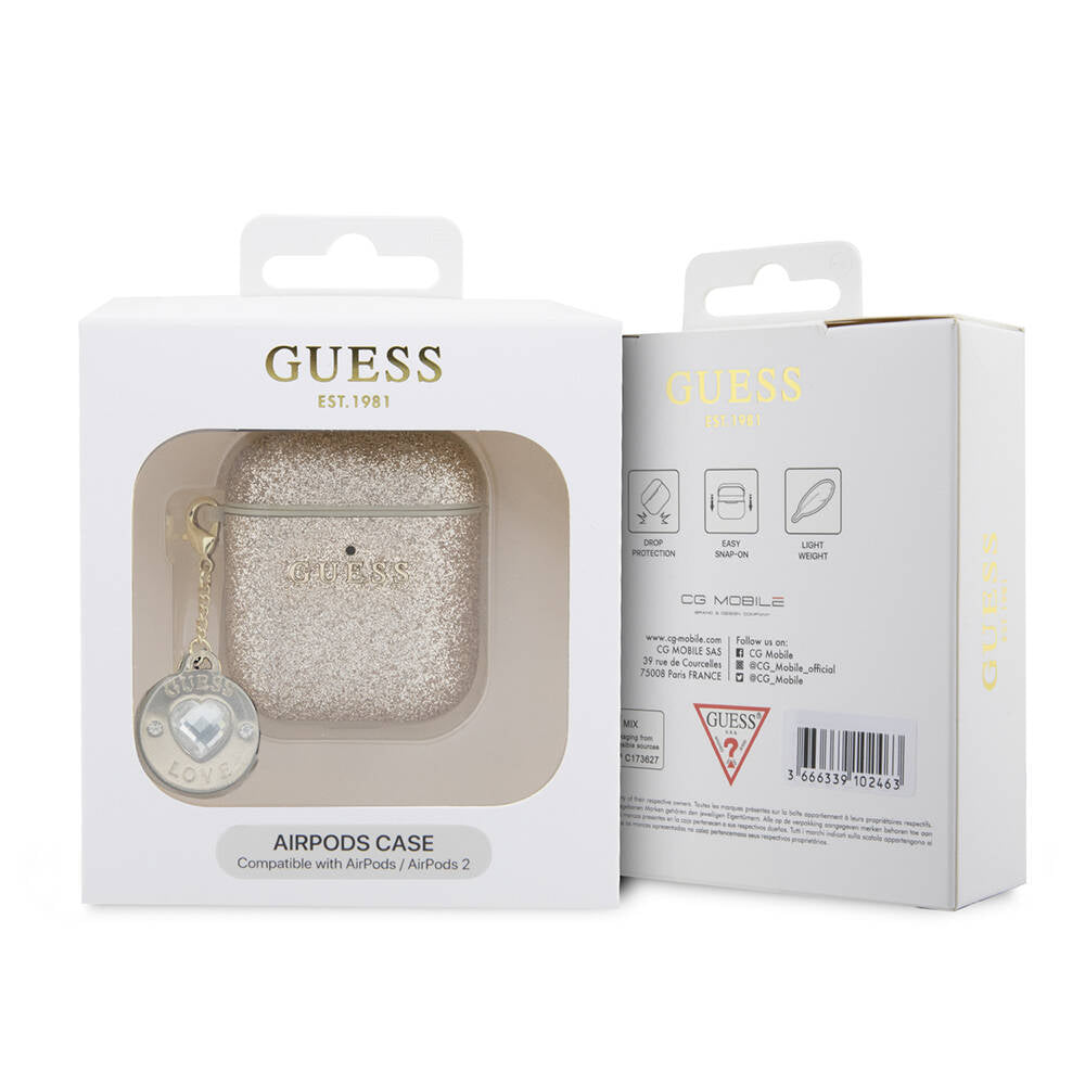 Apple Airpods Kılıf Guess Orjinal Lisanslı Glitter Elmas Kalp Süs Zincirli Kapak Siyah
