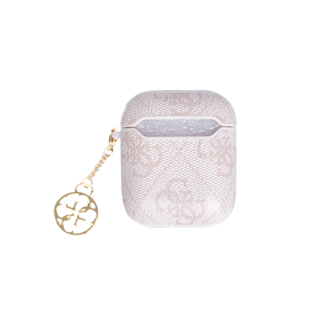 Apple Airpods Kılıf Guess Orjinal Lisanslı 4G Desenli Metal Script Logolu 4G Charm Sağdan Askılı PU Deri Kılıf Pembe