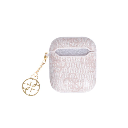 Apple Airpods Kılıf Guess Orjinal Lisanslı 4G Desenli Metal Script Logolu 4G Charm Sağdan Askılı PU Deri Kılıf Pembe